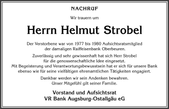 Traueranzeige von Helmut Strobel von Allgäuer Zeitung, Kaufbeuren/Buchloe