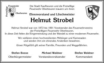 Traueranzeige von Helmut Strobel von Allgäuer Zeitung, Kaufbeuren/Buchloe