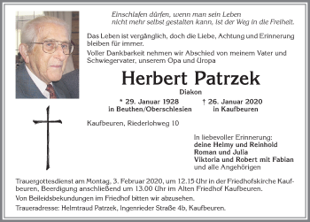 Traueranzeige von Herbert Patrzek von Allgäuer Zeitung, Kaufbeuren/Buchloe