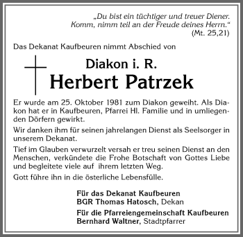 Traueranzeige von Herbert Patrzek von Allgäuer Zeitung