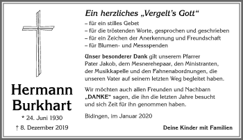 Traueranzeige von Hermann Burkhart von Allgäuer Zeitung, Marktoberdorf
