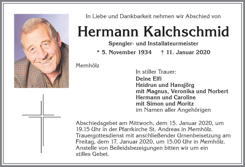  Traueranzeige für Hermann Kalchschmid vom 14.01.2020 aus Allgäuer Zeitung,Kempten