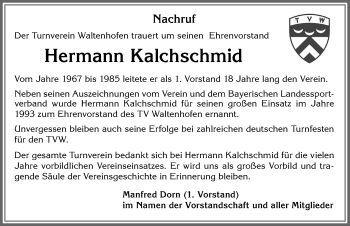 Traueranzeige von Hermann Kalchschmid von Allgäuer Zeitung,Kempten