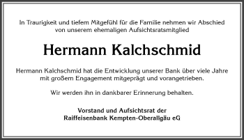Traueranzeige von Hermann Kalchschmid von Allgäuer Zeitung,Kempten