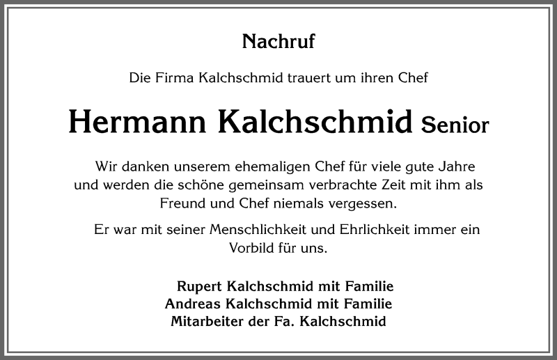  Traueranzeige für Hermann Kalchschmid vom 14.01.2020 aus Allgäuer Zeitung