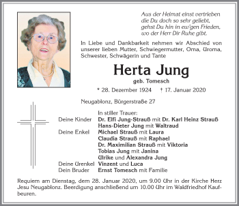 Traueranzeige von Herta Jung von Allgäuer Zeitung, Kaufbeuren/Buchloe