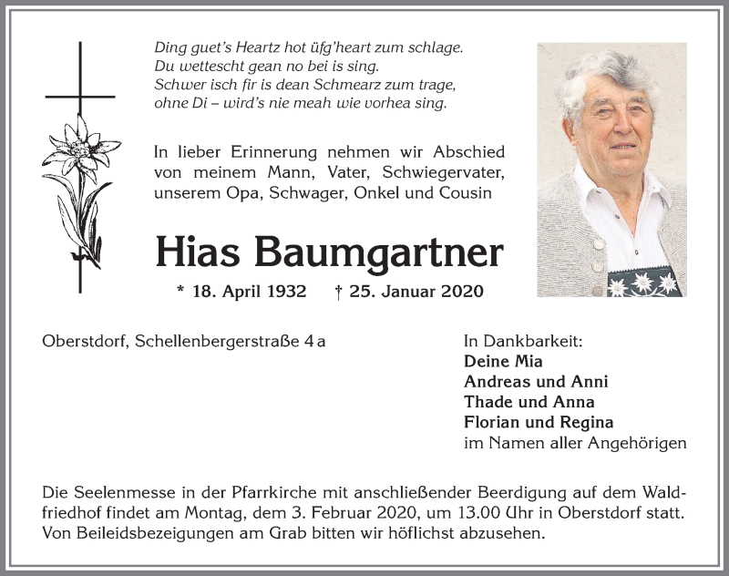  Traueranzeige für Hias Baumgartner vom 30.01.2020 aus Allgäuer Anzeigeblatt