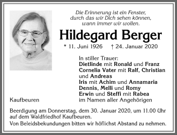Traueranzeige von Hildegard Berger von Allgäuer Zeitung, Kaufbeuren/Buchloe