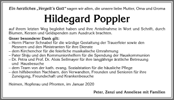 Traueranzeige von Hildegard Poppler von Allgäuer Zeitung, Füssen