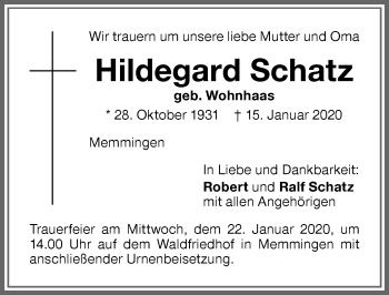 Traueranzeige von Hildegard Schatz von Memminger Zeitung
