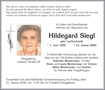Traueranzeige von Hildegard Siegl von Allgäuer Zeitung, Kaufbeuren/Buchloe