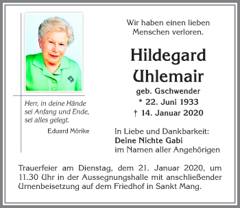 Traueranzeige von Hildegard Uhlemair von Allgäuer Zeitung,Kempten