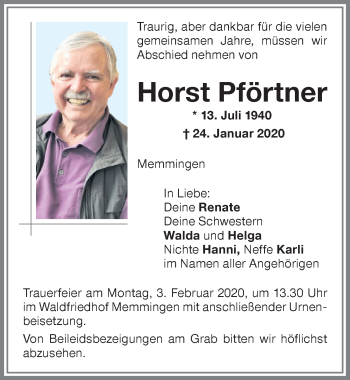 Traueranzeige von Horst Pförtner von Memminger Zeitung