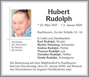 Traueranzeige von Hubert Rudolph von Allgäuer Zeitung, Kaufbeuren/Buchloe
