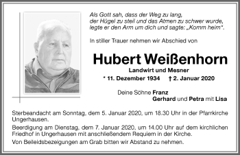 Traueranzeige von Hubert Weißenhorn von Memminger Zeitung