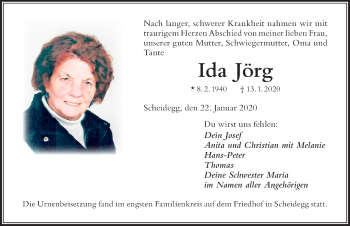 Traueranzeige von Ida Jörg von Der Westallgäuer