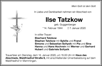 Traueranzeige von Ilse Tatzkow von Memminger Zeitung
