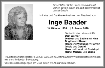 Traueranzeige von Inge Baader von Memminger Zeitung