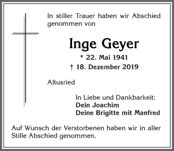 Traueranzeige von Inge Geyer von Allgäuer Zeitung,Kempten