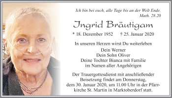 Traueranzeige von Ingrid Bräutigam von Allgäuer Zeitung