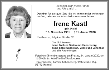 Traueranzeige von Irene Kastl von Allgäuer Zeitung, Kaufbeuren/Buchloe