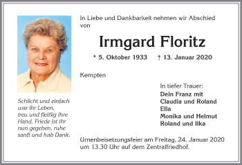 Traueranzeige von Irmgard Floritz von Allgäuer Zeitung,Kempten