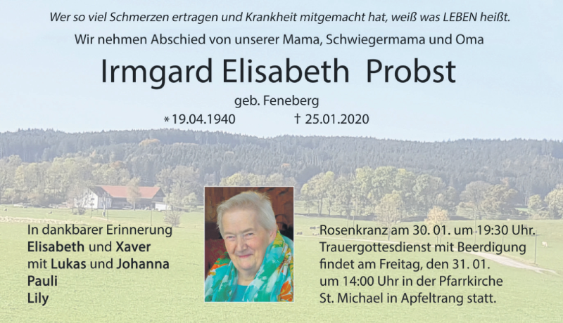  Traueranzeige für Irmgard Elisabeth Probst vom 28.01.2020 aus Allgäuer Zeitung