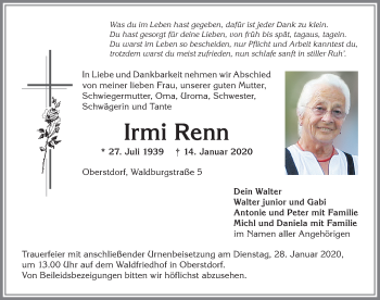 Traueranzeige von Irmi Renn von Allgäuer Anzeigeblatt