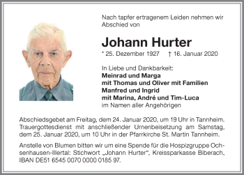 Traueranzeige von Johann Hurter von Memminger Zeitung