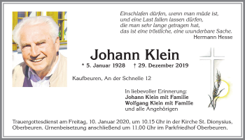Traueranzeige von Johann Klein von Allgäuer Zeitung, Kaufbeuren/Buchloe