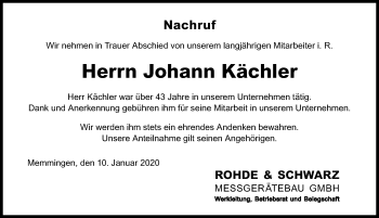 Traueranzeige von Johann Kächler von Memminger Zeitung