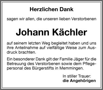 Traueranzeige von Johann Kächler von Memminger Zeitung