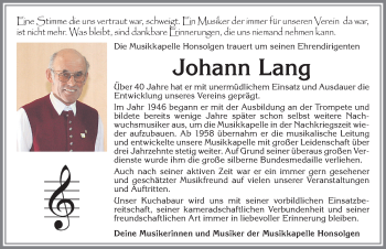 Traueranzeige von Johann Lang von Allgäuer Zeitung, Kaufbeuren/Buchloe