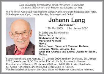 Traueranzeige von Johann Lang von Allgäuer Zeitung, Kaufbeuren/Buchloe