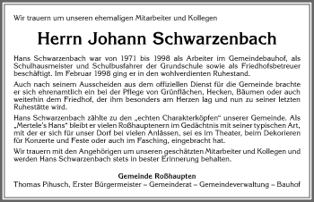 Traueranzeige von Johann Schwarzenbach von Allgäuer Zeitung, Füssen