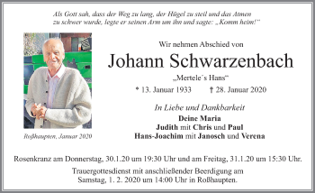 Traueranzeige von Johann Schwarzenbach von Allgäuer Zeitung, Füssen