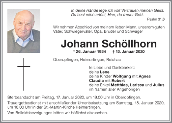 Traueranzeige von Johann Schöllhorn von Memminger Zeitung