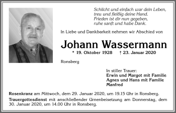 Traueranzeige von Johann Wassermann von Allgäuer Zeitung, Marktoberdorf