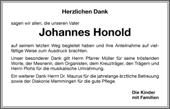 Traueranzeige von Johannes Honold von Memminger Zeitung