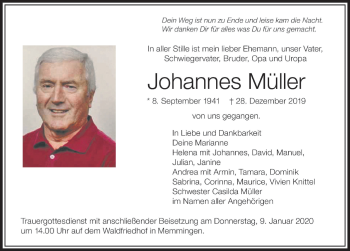Traueranzeige von Johannes Müller von Memminger Zeitung