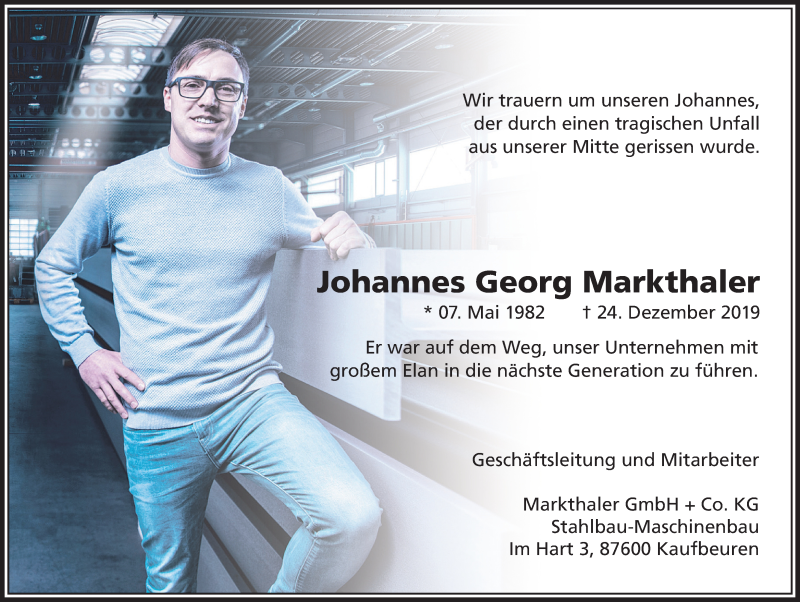  Traueranzeige für Johannes Georg Markthaler vom 03.01.2020 aus Allgäuer Zeitung, Kaufbeuren/Buchloe
