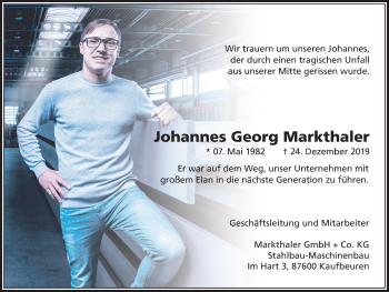 Traueranzeige von Johannes Georg Markthaler von Allgäuer Zeitung, Kaufbeuren/Buchloe