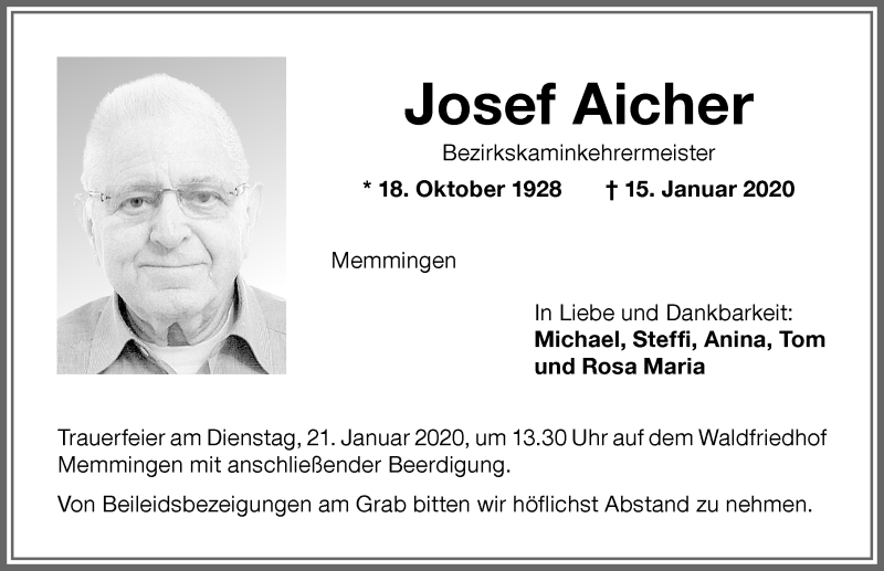  Traueranzeige für Josef Aicher vom 18.01.2020 aus Memminger Zeitung