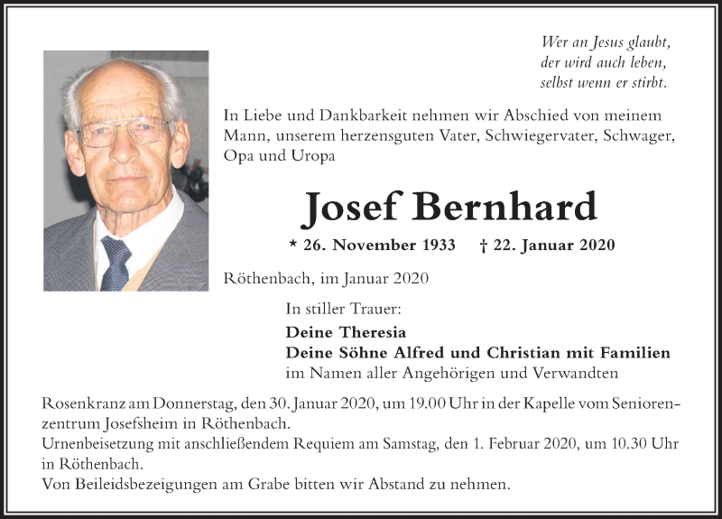  Traueranzeige für Josef Bernhard vom 29.01.2020 aus Der Westallgäuer