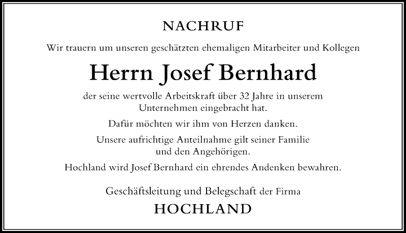  Traueranzeige für Josef Bernhard vom 30.01.2020 aus Der Westallgäuer