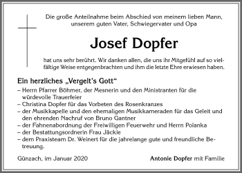 Traueranzeige von Josef Dopfer von Allgäuer Zeitung, Marktoberdorf