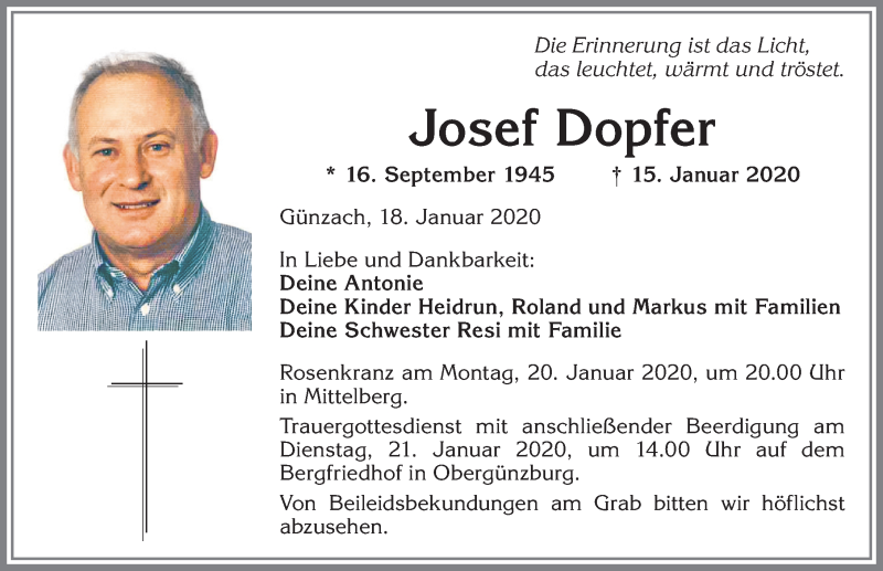  Traueranzeige für Josef Dopfer vom 18.01.2020 aus Allgäuer Zeitung, Marktoberdorf