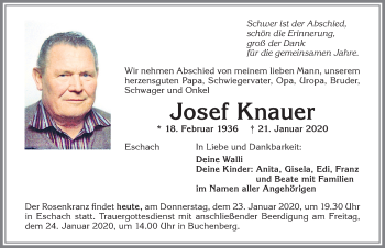 Traueranzeige von Josef Knauer von Allgäuer Zeitung,Kempten