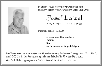 Traueranzeige von Josef Latzel von Allgäuer Zeitung, Füssen