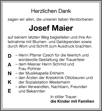 Traueranzeige von Josef Maier von Memminger Zeitung